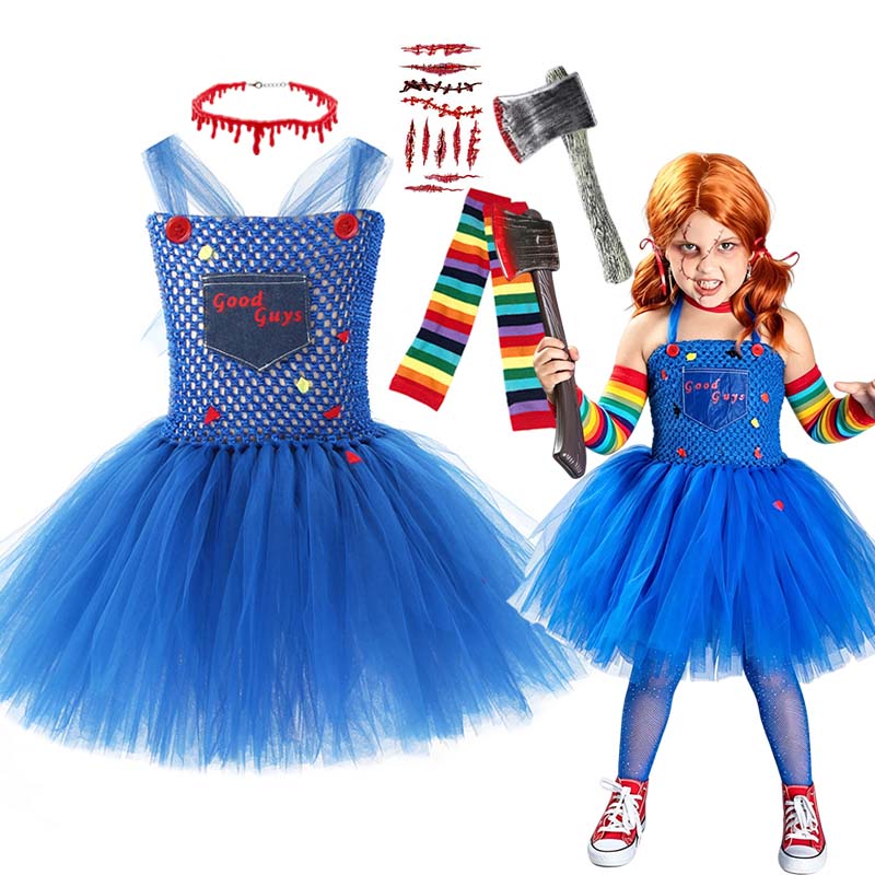 Cosplay Floating Prop - Mädchen Halloween Grusel-Puppen-Cosplay-Kostüm Blaues Tüll-Tutu-Kleid mit